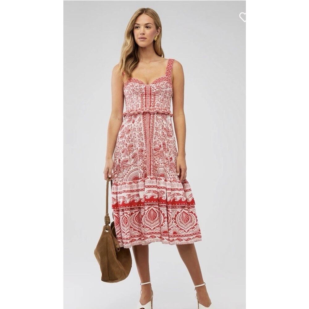 Farm Rio River Ride Red Midi Dress Large A-Line Seashells Smocked Back NWT